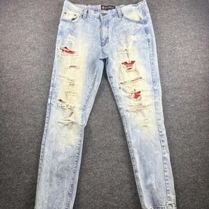 Southpole Jeans Mens 38x34 Light Wash Distressed Slim Fit Red Patch Denim